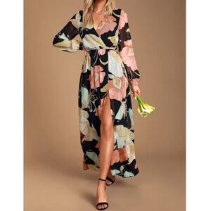 Water Lilies Black Floral Print Maxi Dress
